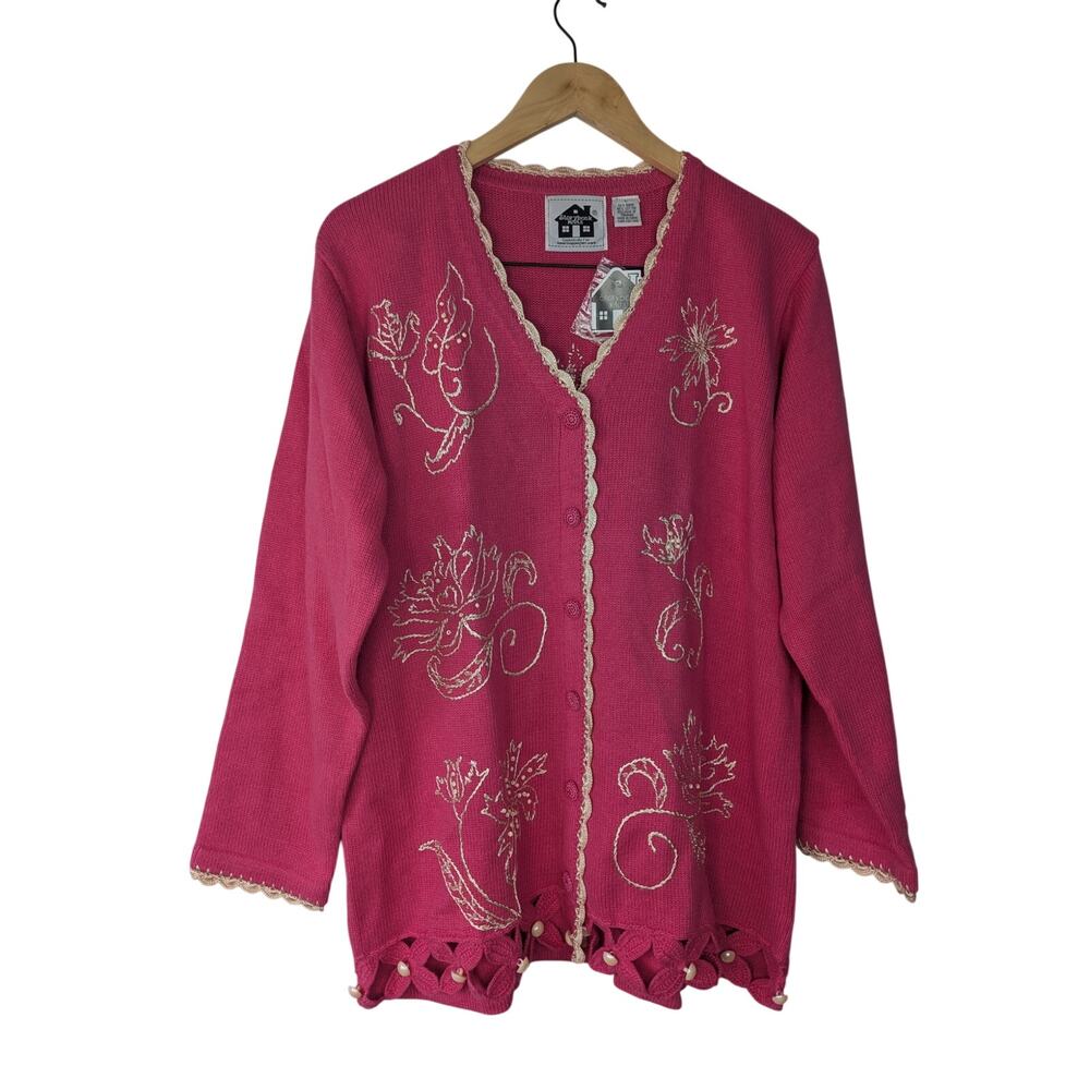Vintage NWT Storybook Knits Embroidered Beaded Floral Henna Sweater Cardigan